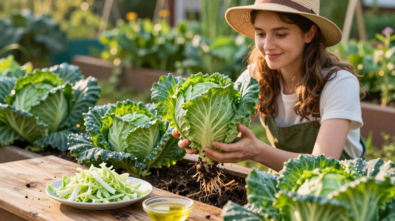 Jovem a colher couve num jardim, rodeada de plantas verdes e com chapéu de palha.