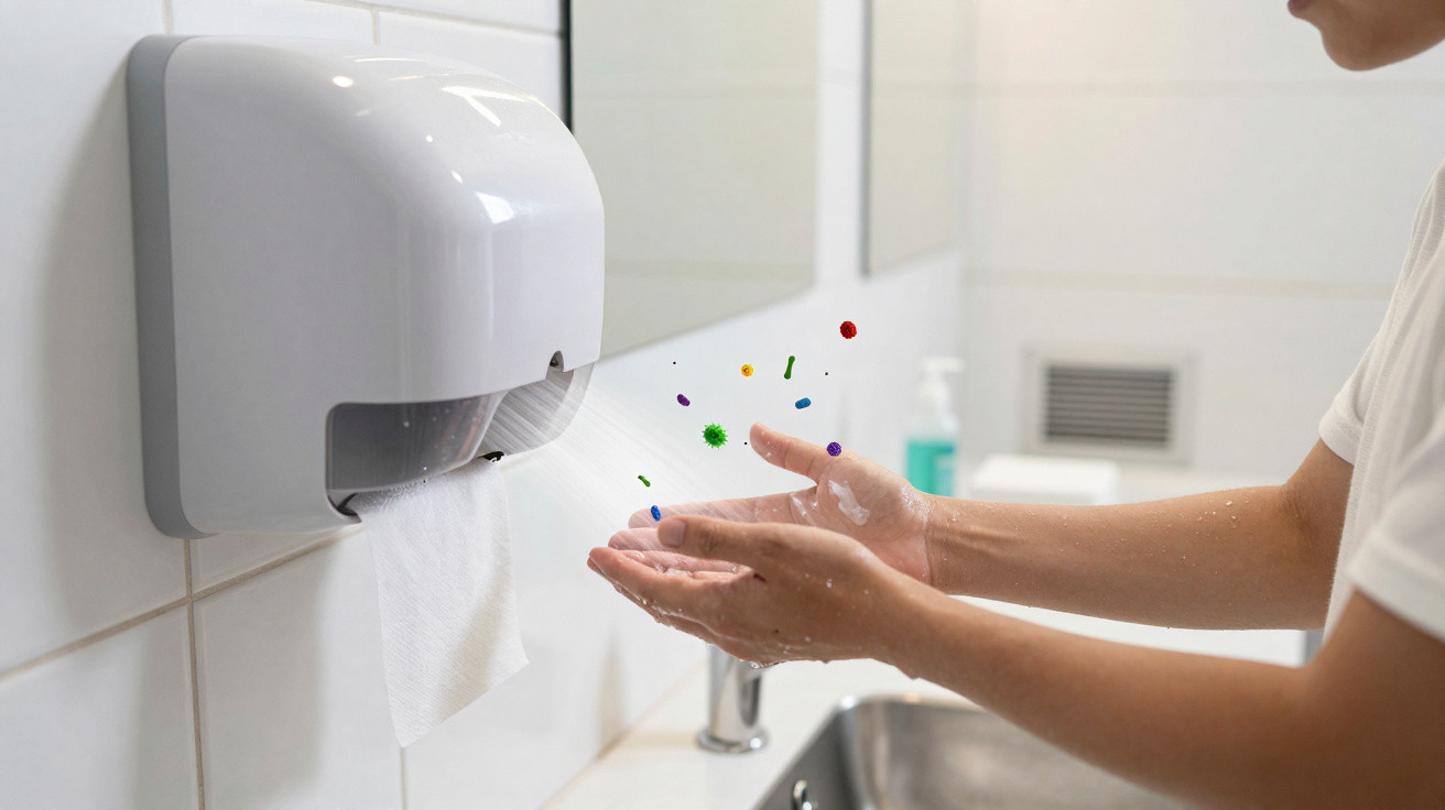 Pessoa lavagem das mãos com sabonete próximo a dispensador de papel, mostrando germes ilustrados a serem removidos.