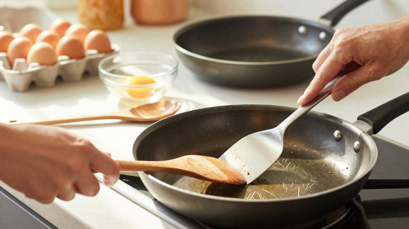 Duas mãos a mexer óleo numa frigideira com utensílios, ovos e frigideiras ao fundo numa cozinha.