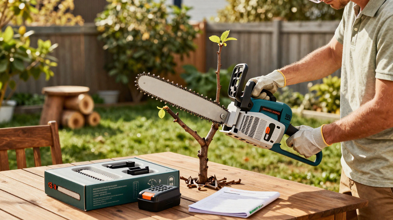 Homem a usar motosserra para podar ramo de pequena planta numa mesa de madeira ao ar livre.