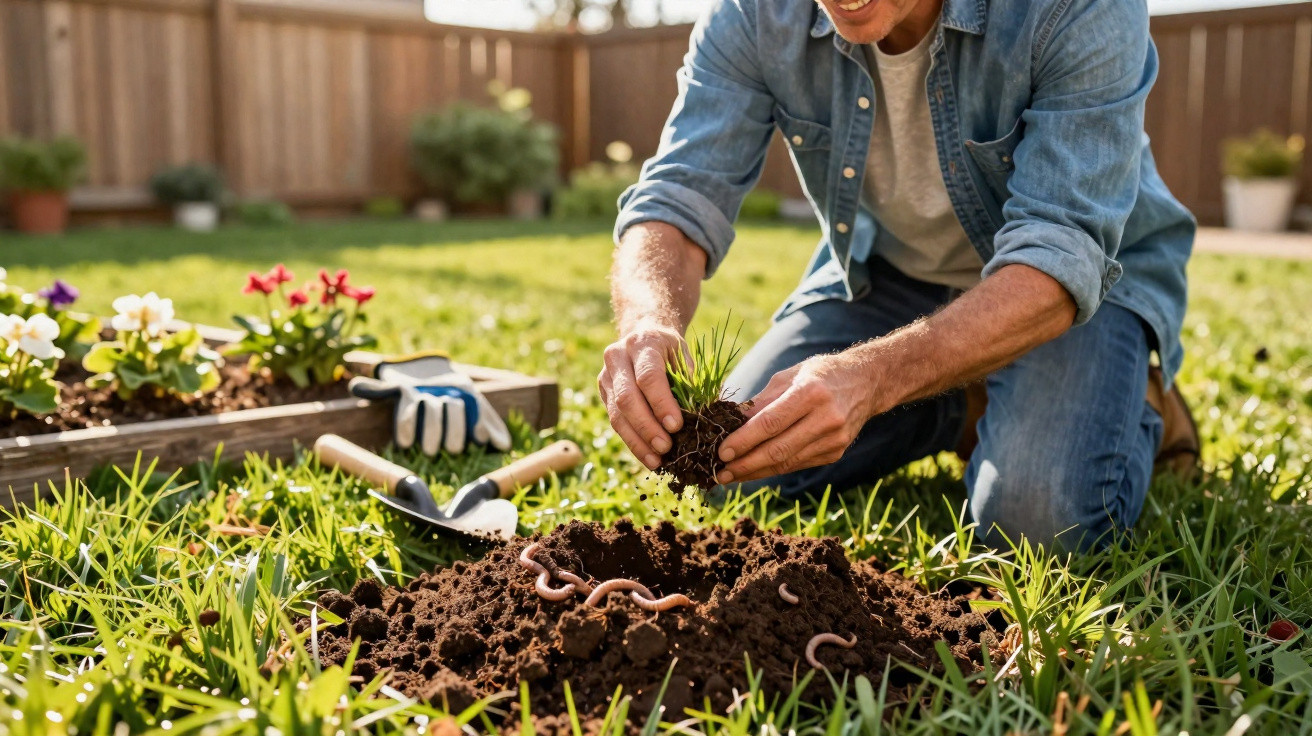 Pessoa a plantar uma muda de relva num jardim, com minhocas e ferramentas de jardinagem no chão.