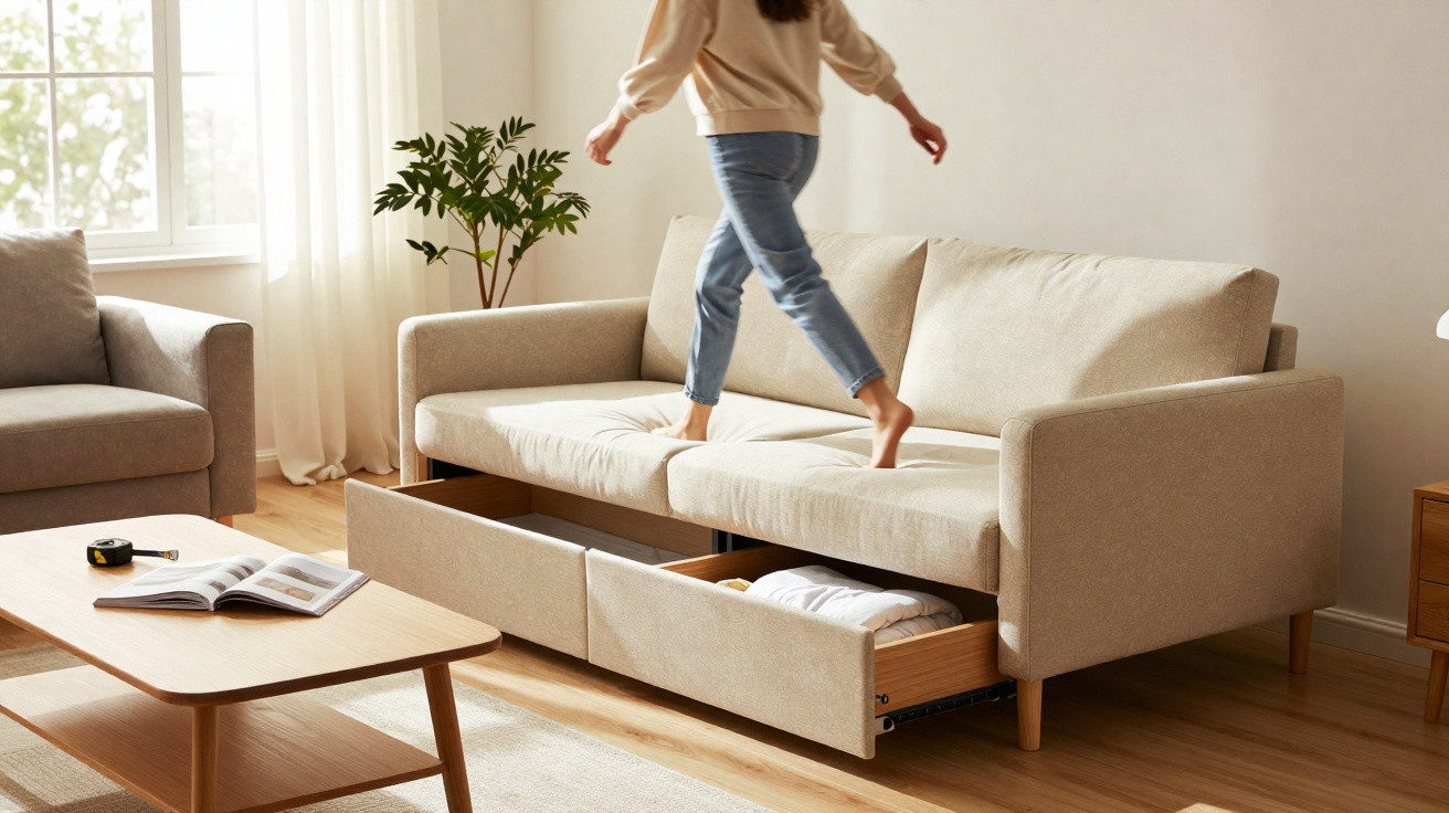 Pessoa em jeans e camisola bege a saltar num sofá bege com gavetas abertas numa sala iluminada.