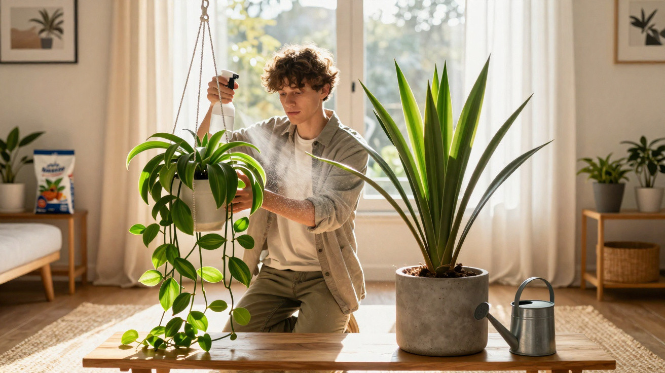 Jovem a borrifar água numa planta pendurada num ambiente luminoso e decorado com várias plantas.