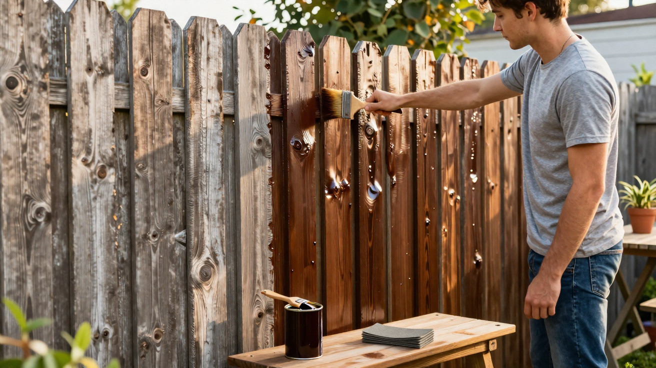 Homem a pintar uma vedação de madeira com verniz castanho no exterior durante o dia.