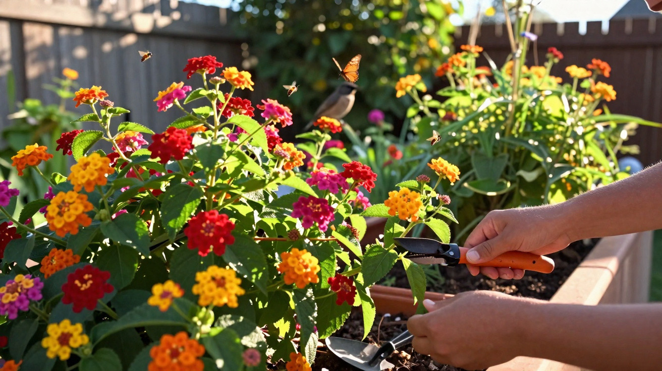 Mãos a podar flores coloridas num jardim ensolarado cercado por uma vedação amarela e cinzenta.