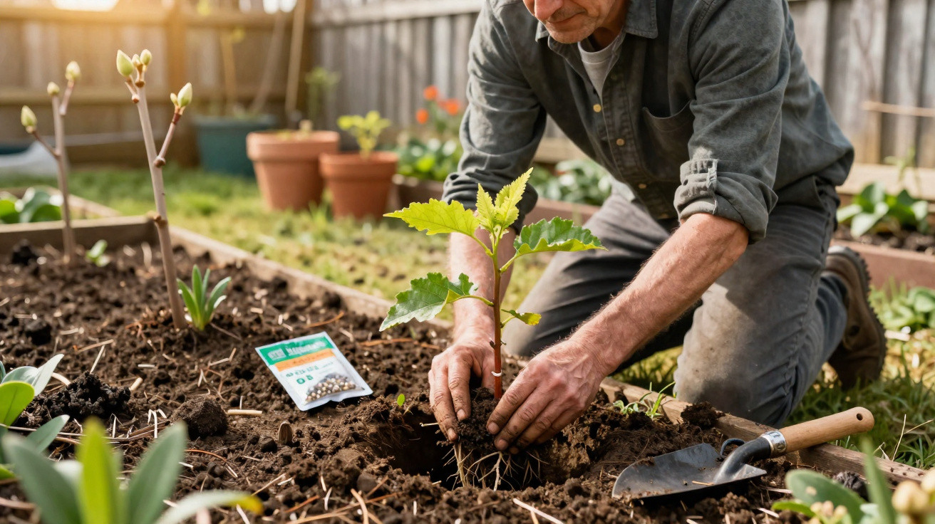 Homem a plantar uma muda de planta num jardim com terra fofa e ferramenta de jardinagem.