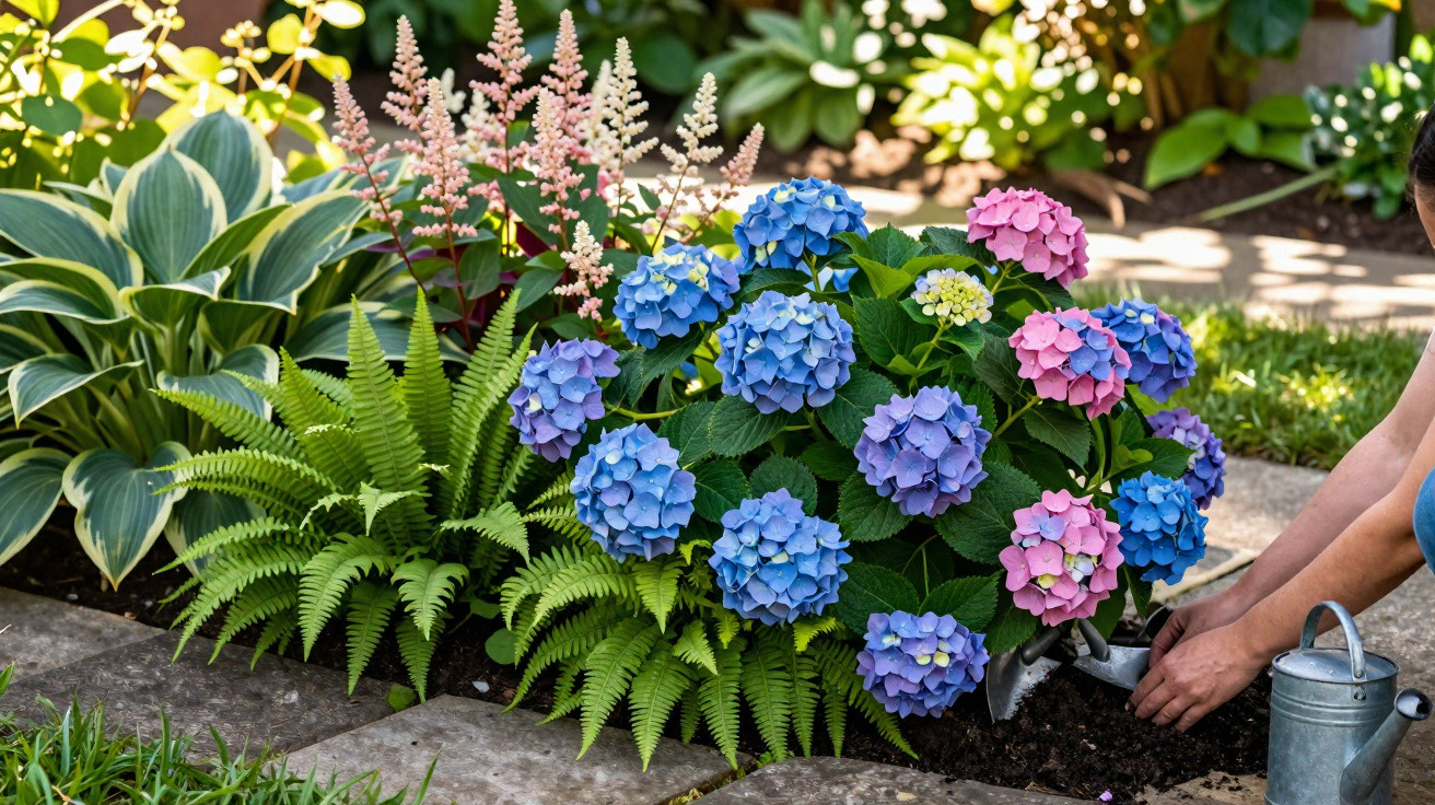 Mãos a plantar flores azuis e rosa num jardim com samambaias e altre plantas verdes.