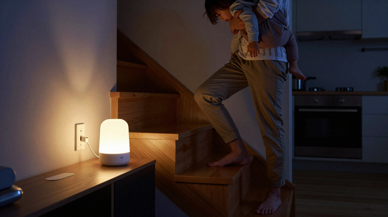 Pessoa a subir escadas com uma criança ao colo, iluminadas por uma lâmpada branca numa sala escura.
