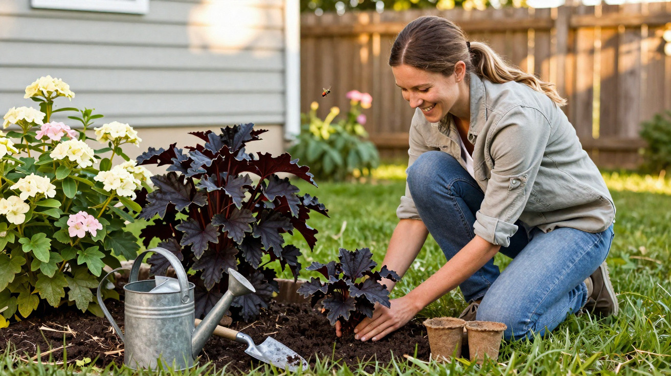 Mulher a cuidar de plantas e flores num jardim, com regador e colher de mão ao lado.