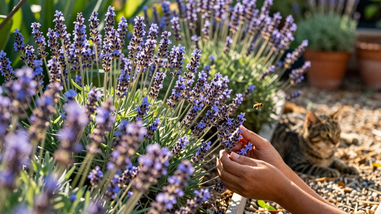 Mãos tocam flores de lavanda com uma abelha a voar e um gato repousa sobre pedras ao fundo.