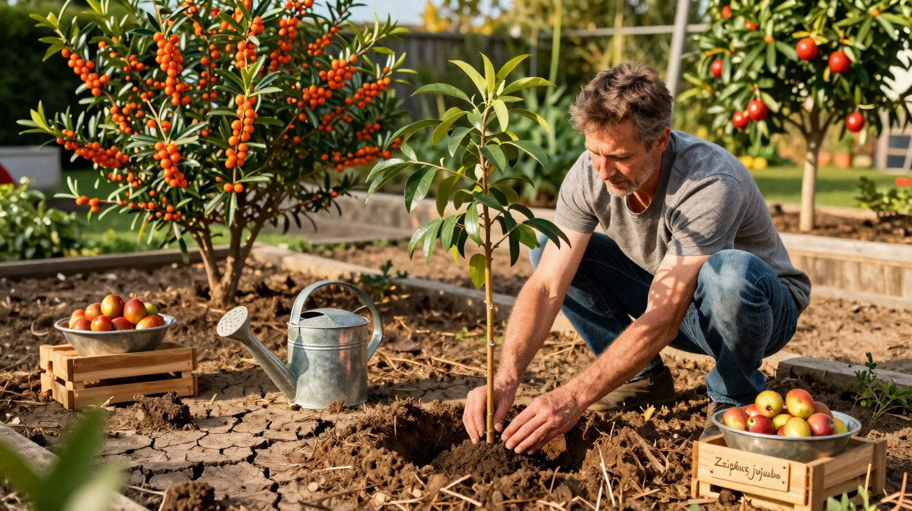 Homem a plantar árvore jovem no jardim com cestos de frutos e regador ao lado.