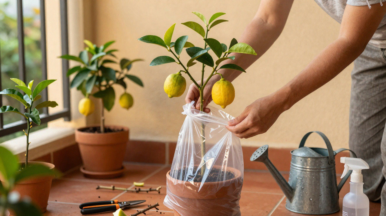 Pessoa a proteger muda de limão com saco plástico numa varanda com regador e ferramentas de jardinagem.