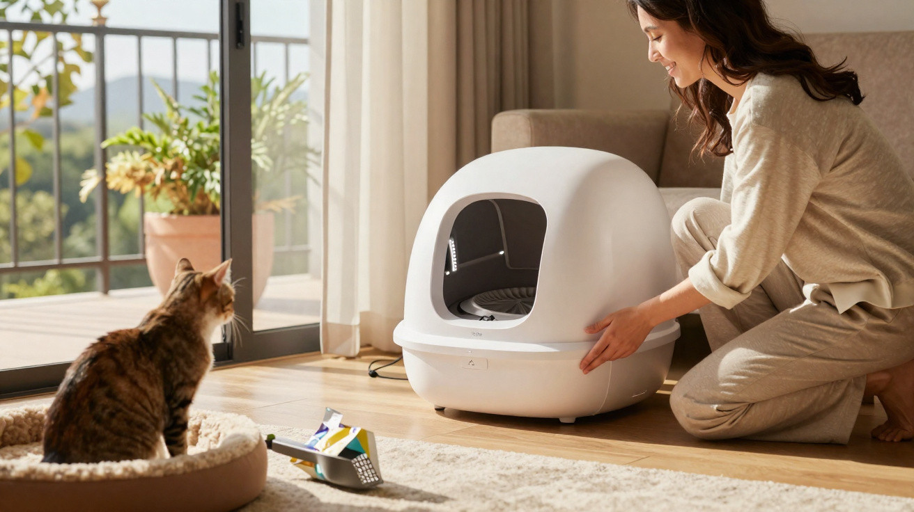 Mulher a posicionar uma caixa de areia automática para gato enquanto um gato observa sentado numa cama.