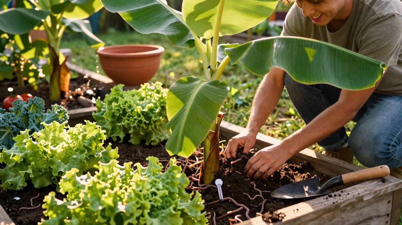 Pessoa a plantar uma muda de bananeira numa horta com alfaces e ferramentas de jardinagem.
