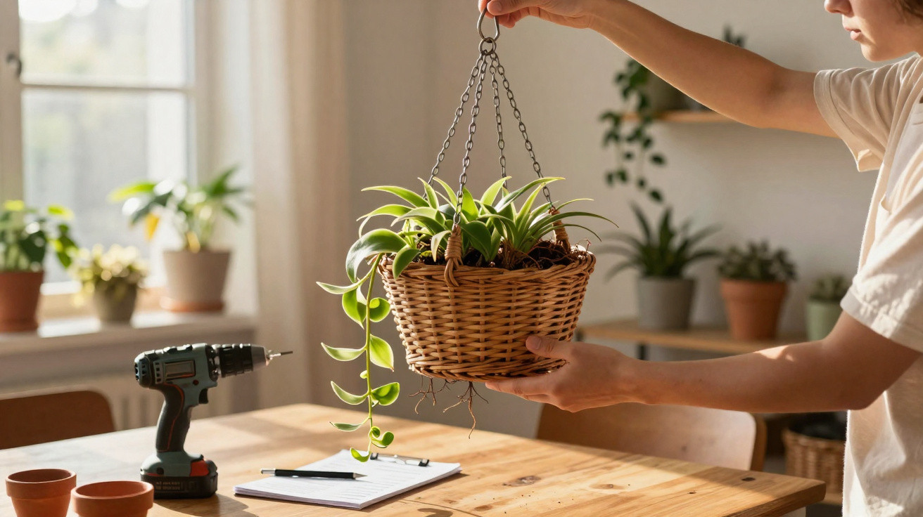 Pessoa a segurar um vaso suspenso de plantas, com ferramentas e outros vasos numa mesa de madeira.