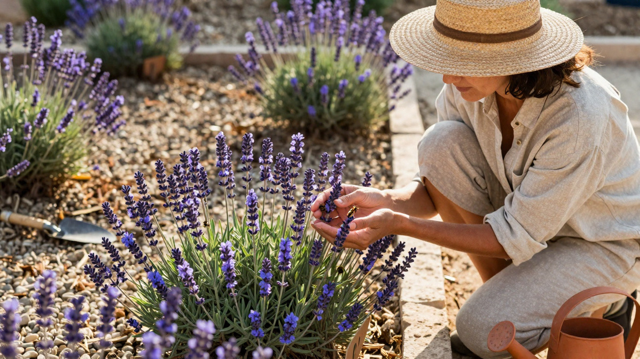 Mulher com chapéu colhendo flores de lavanda num jardim soalheiro com terra e pedras.