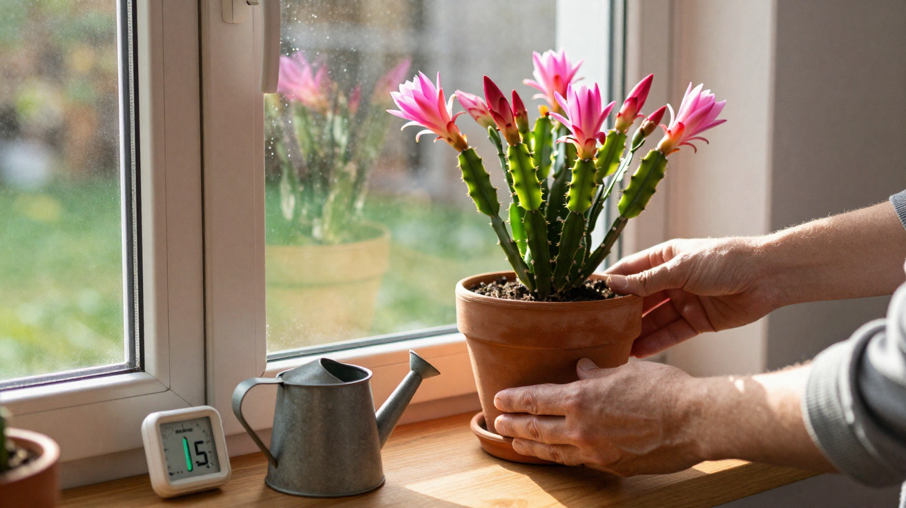 Mãos a colocar vaso com cacto florescente rosa numa janela, ao lado de regador metálico e termómetro digital.