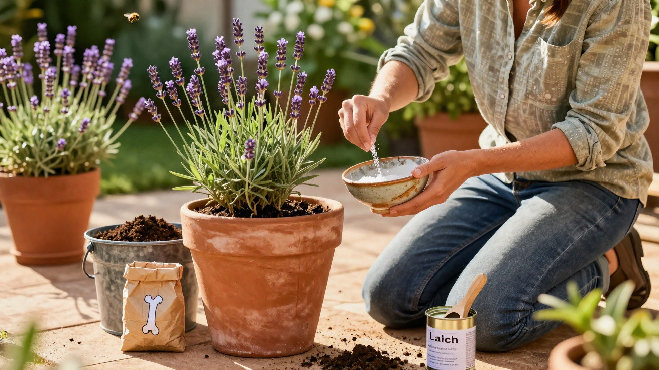 Pessoa a cuidar de planta de lavanda em vaso terracota num jardim exterior.