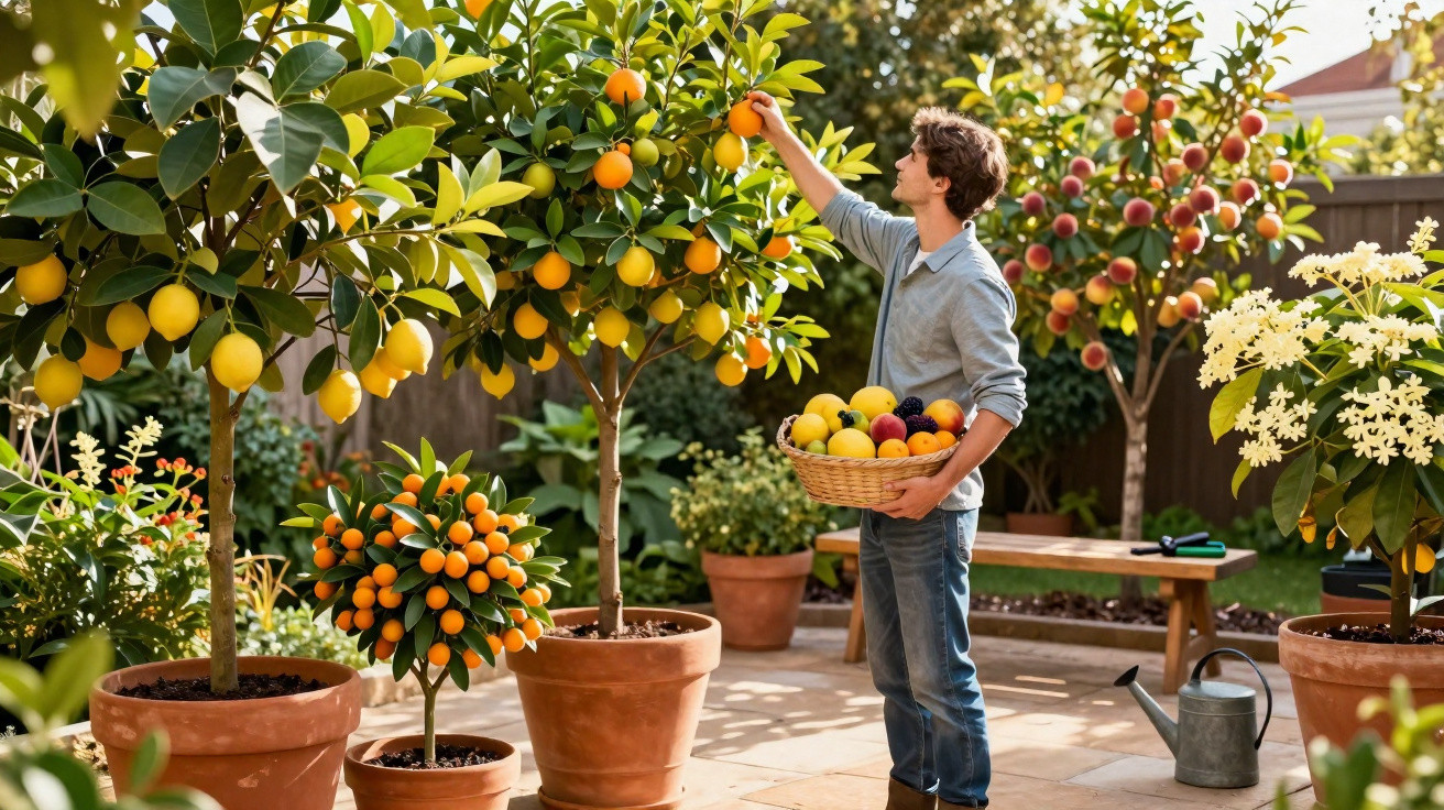Homem colhendo frutas cítricas em vaso no jardim com cesta cheia de frutas variadas.