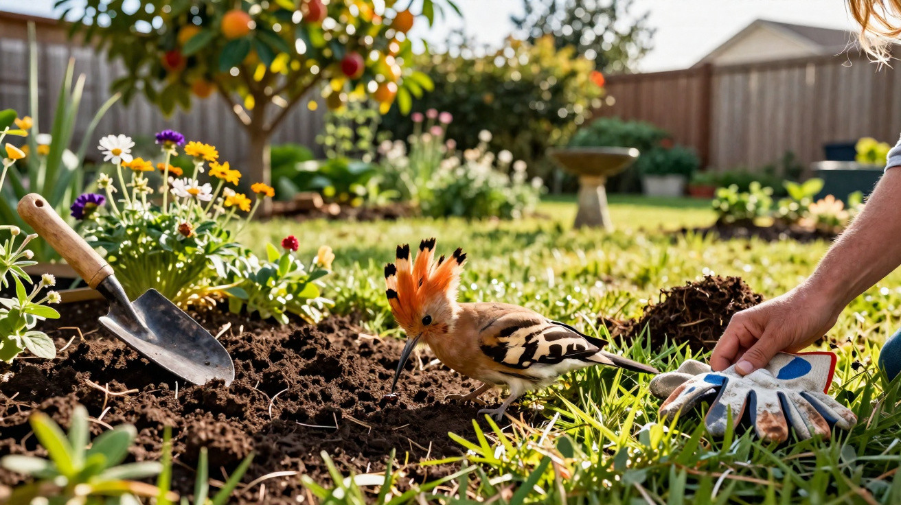 Pássaro com crista laranja junto a uma pessoa a jardinagem num canteiro com flores coloridas e terra fresca.