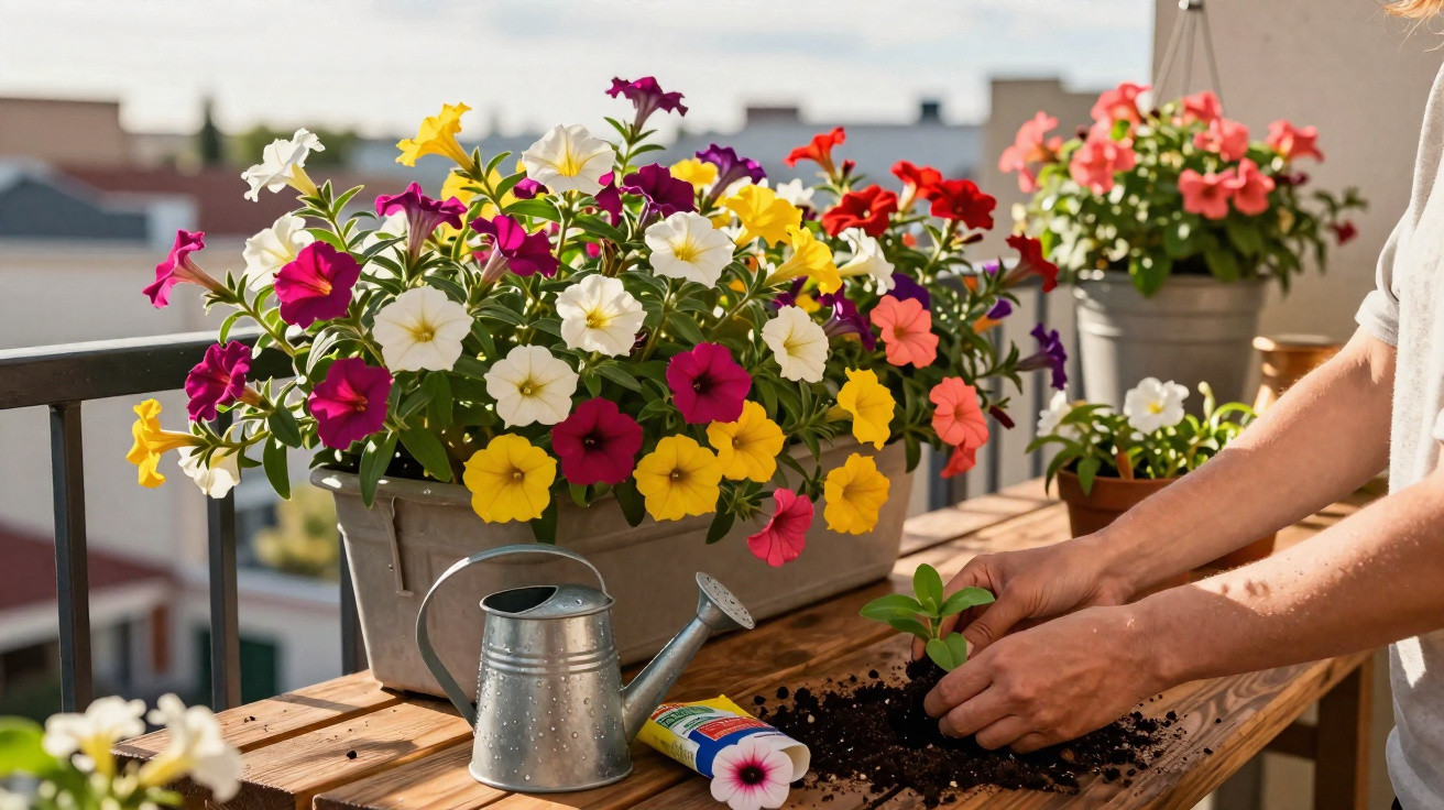 Vasos com flores coloridas numa varanda, regador metálico e mãos a plantar uma muda.
