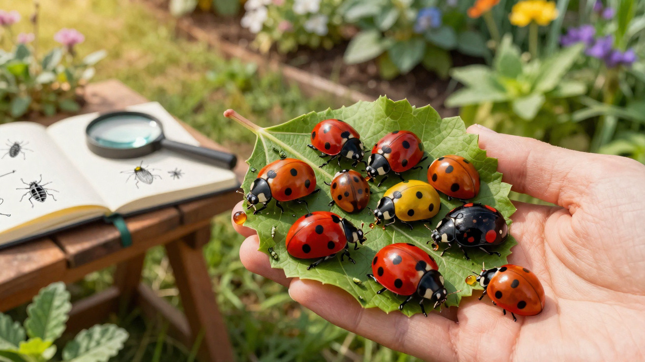 Mão segura folha com várias joaninhas de cores e tamanhos diferentes num jardim com livro e lupa ao fundo.