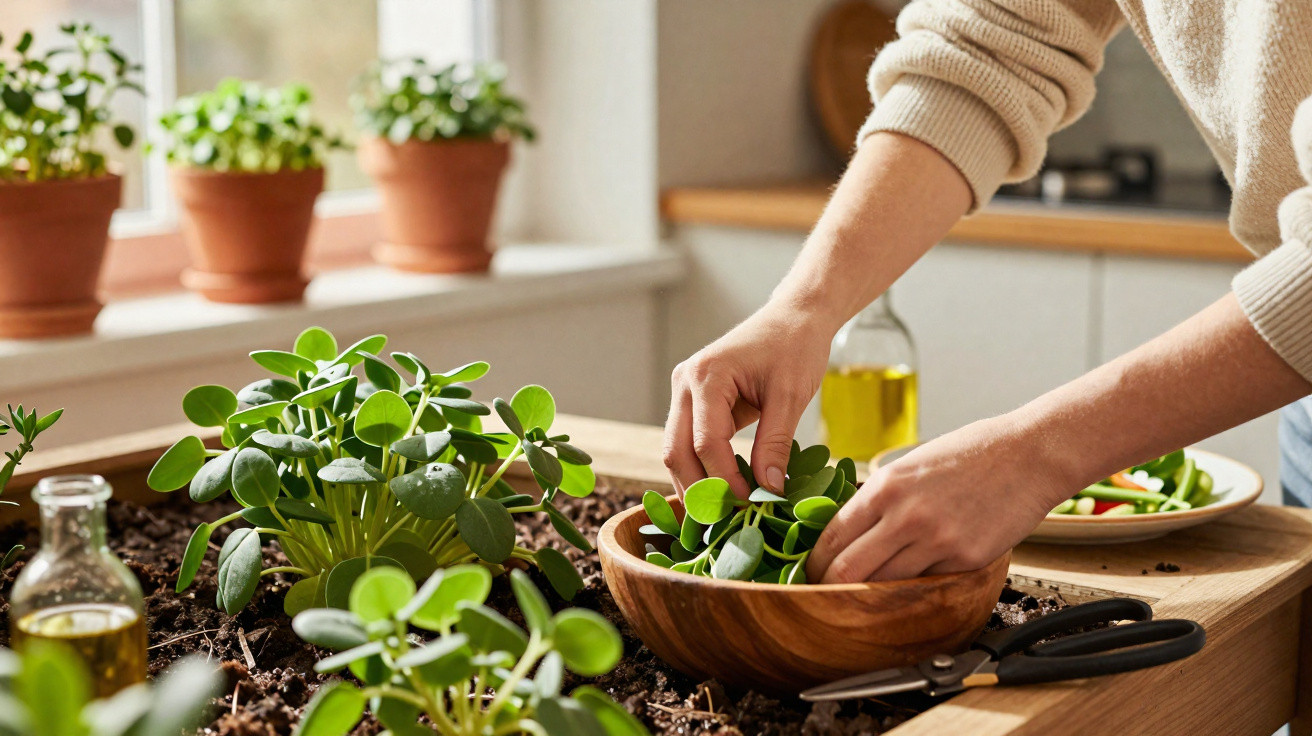 Mãos a colher folhas verdes frescas numa tigela de madeira numa cozinha com plantas na janela.