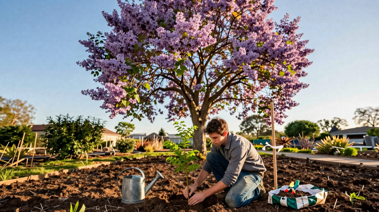 Homem a plantar uma pequena árvore com regador e ferramentas sob uma árvore com flores roxas em jardim ensolarado.