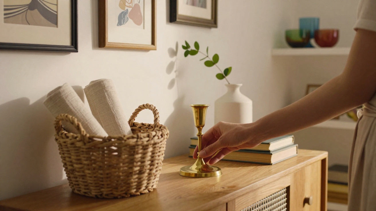 Mão a colocar castiçal dourado num móvel de madeira com cestos, livros e elementos decorativos.