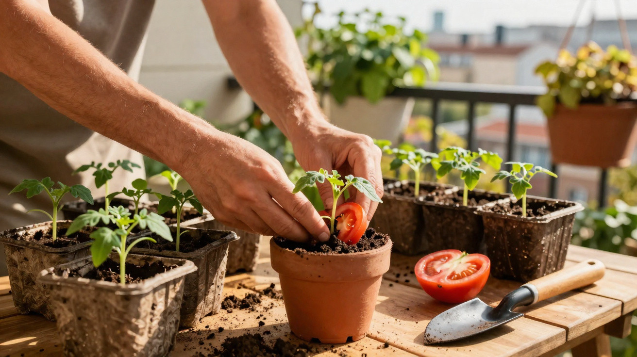 Mãos a plantar tomateiros jovens em vasos, com tomate cortado e pá de jardim numa mesa ao ar livre.