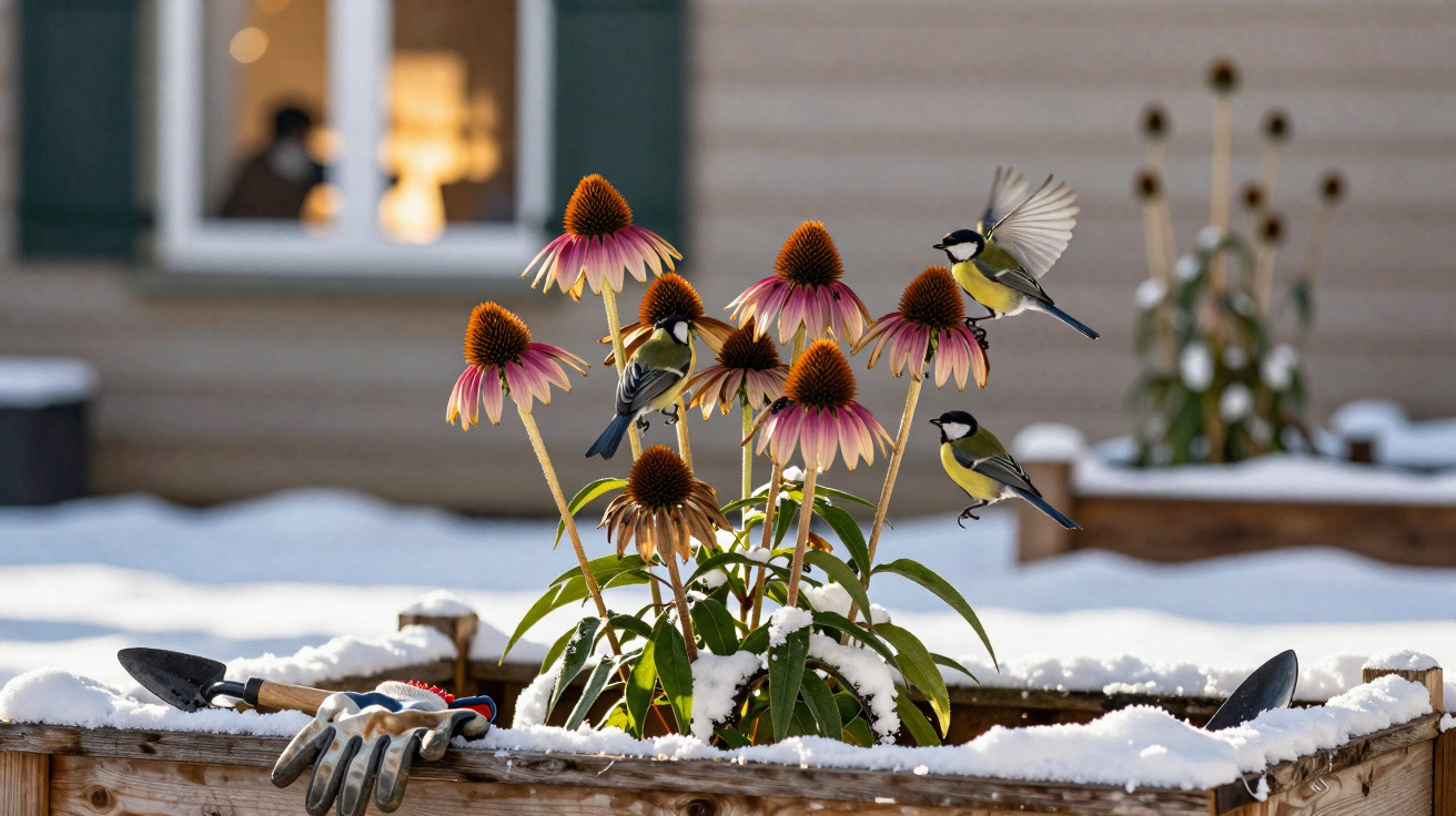 Flores e pássaros numa canteira coberta de neve com luvas e ferramentas de jardim.