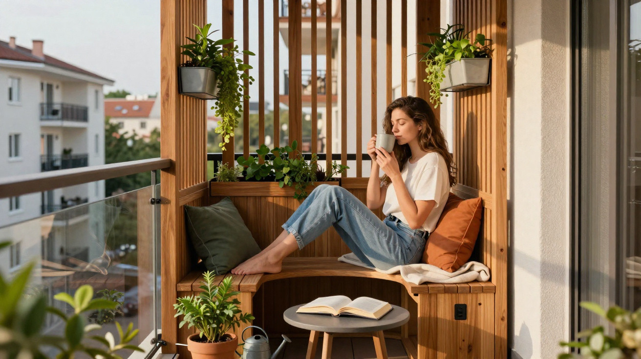 Mulher sentada num banco de madeira numa varanda, a beber de uma caneca, com livro aberto e plantas à volta.
