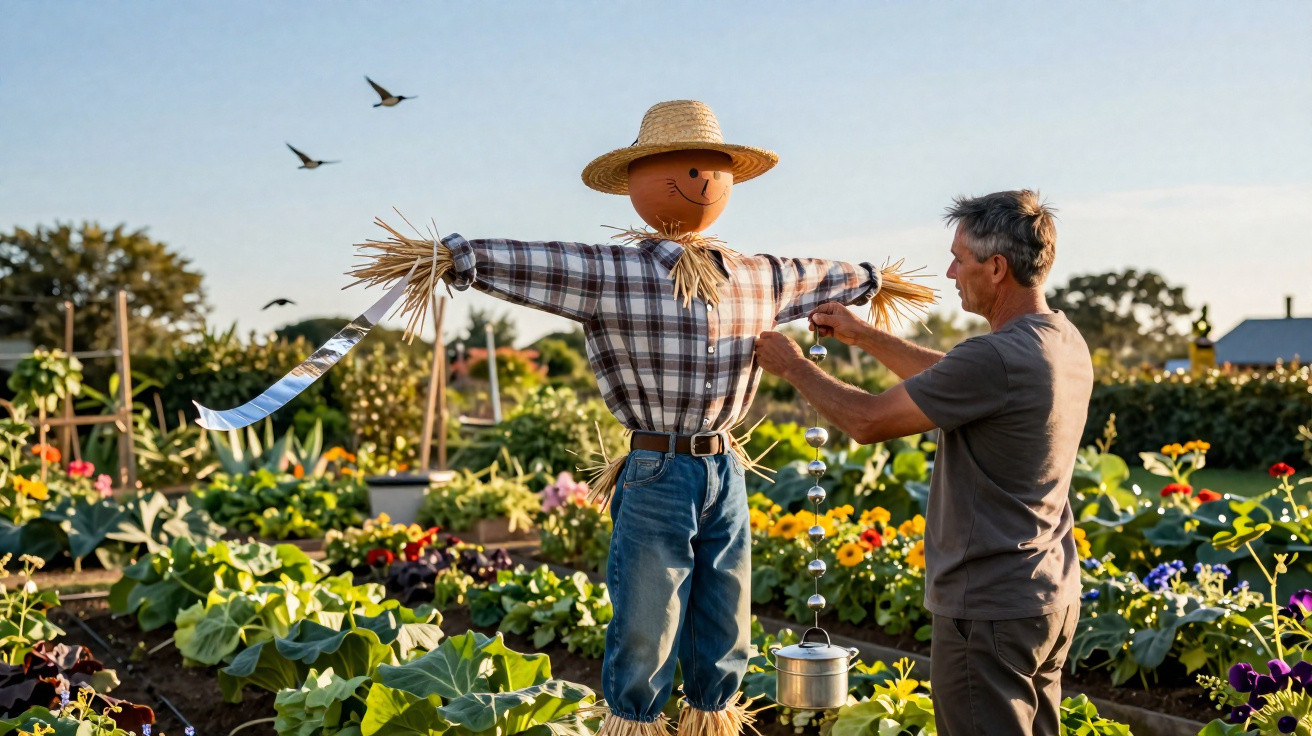 Homem a vestir um espantalho com camisa, jeans e chapéu num jardim cheio de flores ao pôr do sol.