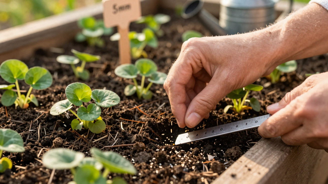 Mãos a semear sementes com uma régua numa cama elevada de jardim com plantas jovens verdes.
