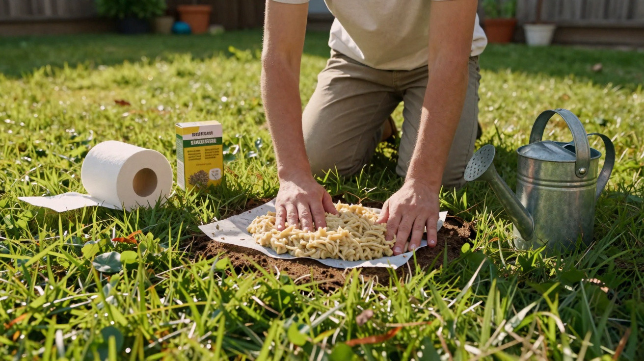 Pessoa a enterrar massa orgânica no solo de um jardim, com regador, papel higiénico e embalagem ao lado.
