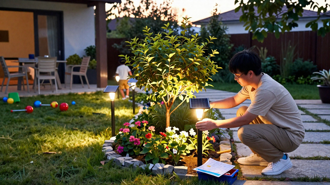 Jovem a ajustar luz solar em jardim iluminado ao anoitecer, com flores e árvore pequena.