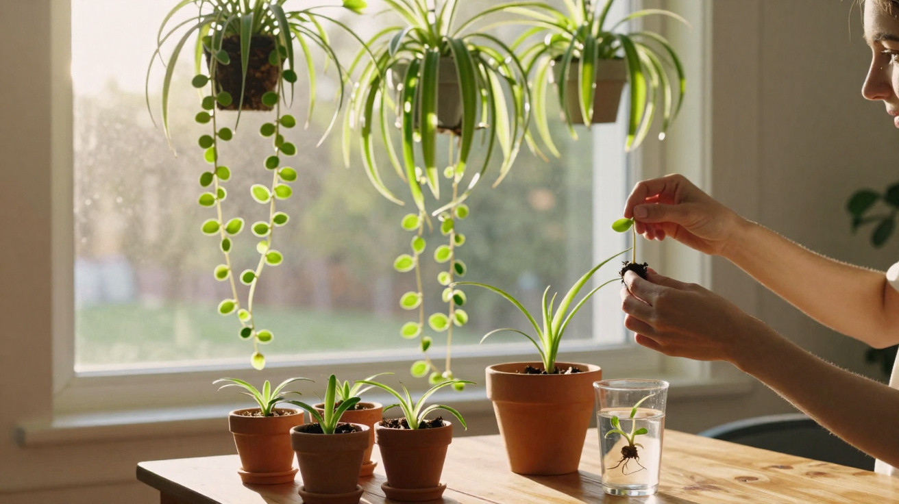 Pessoa a cuidar de plantas em vasos de barro à luz natural junto a uma janela.