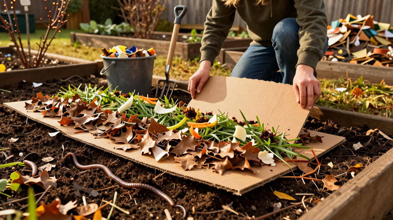 Pessoa a cobrir composto orgânico com cartão em canteiro para produção de composto no jardim.