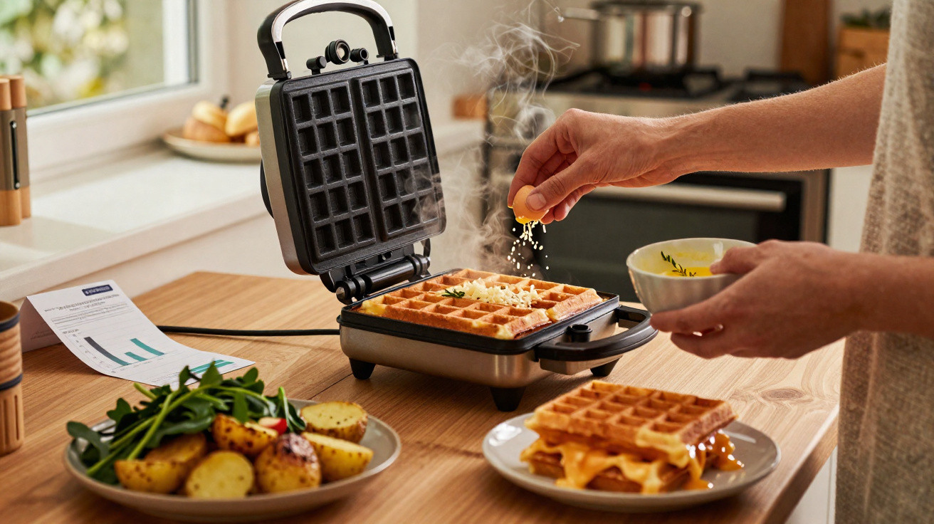 Máquina de waffles aberta com waffle a ser temperado e prato com waffles e batatas assadas numa cozinha iluminada.