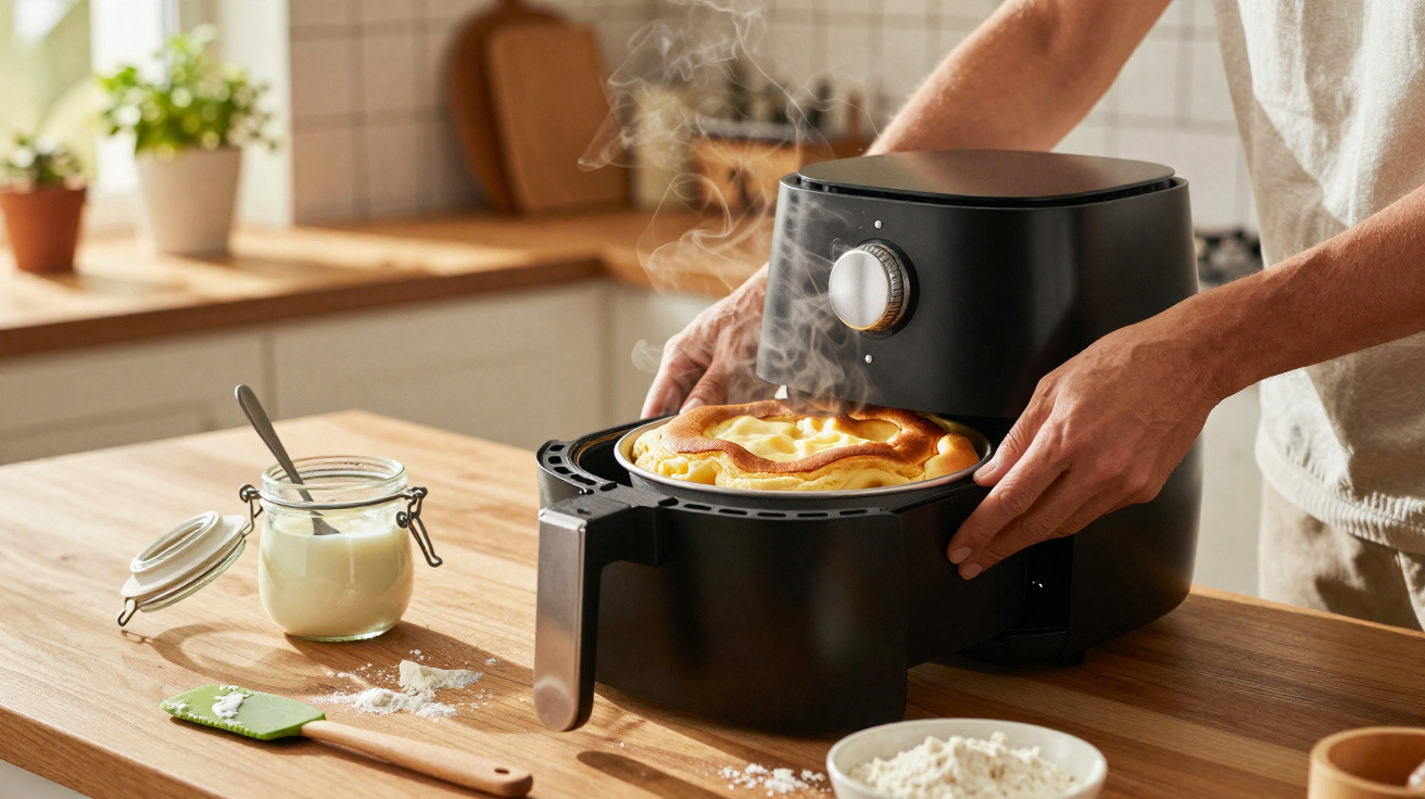 Pessoa a retirar panqueca quente fumegante de fritadeira de ar preta na cozinha iluminada.