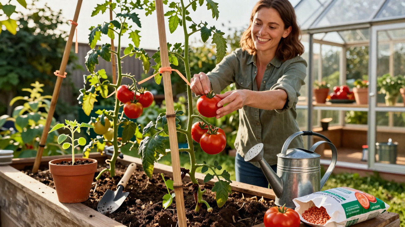 Mulher a colher tomates maduros numa horta elevada junto a uma estufa num dia ensolarado.