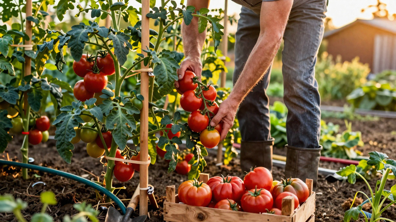 Pessoa apanha tomates maduros numa horta ensolarada, com várias plantas e uma caixa de madeira cheia de tomates.
