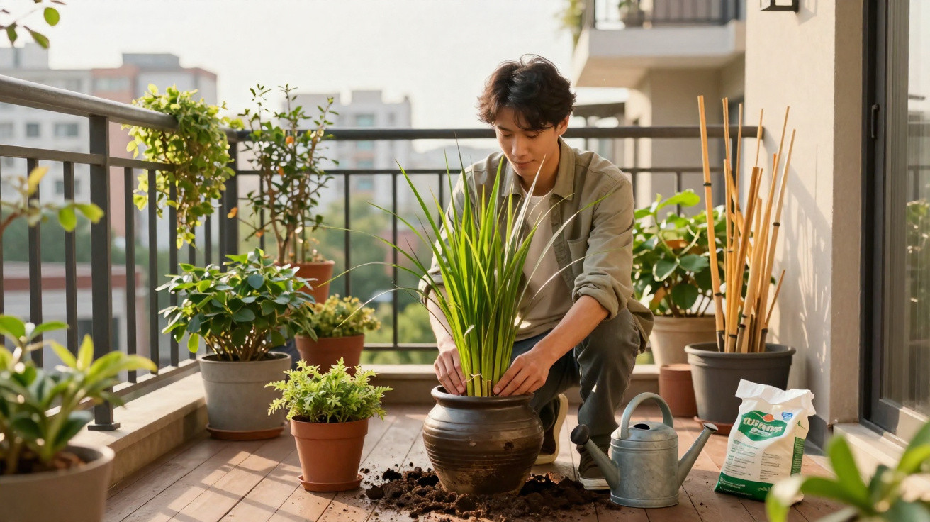 Jovem a plantar uma planta em vaso num terraço, rodeado de vários vasos e utensílios de jardinagem.