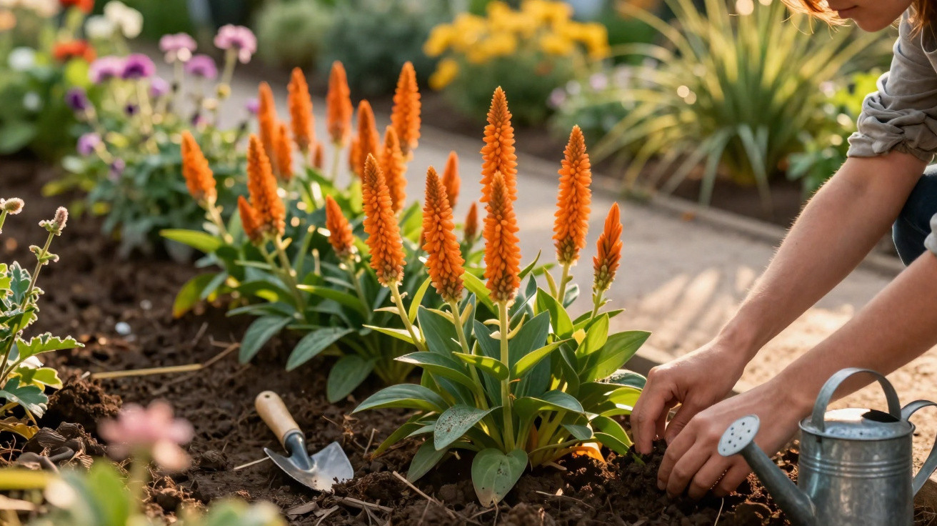 Pessoa a cuidar de flores laranja num jardim com regador e enxada ao lado durante o dia.