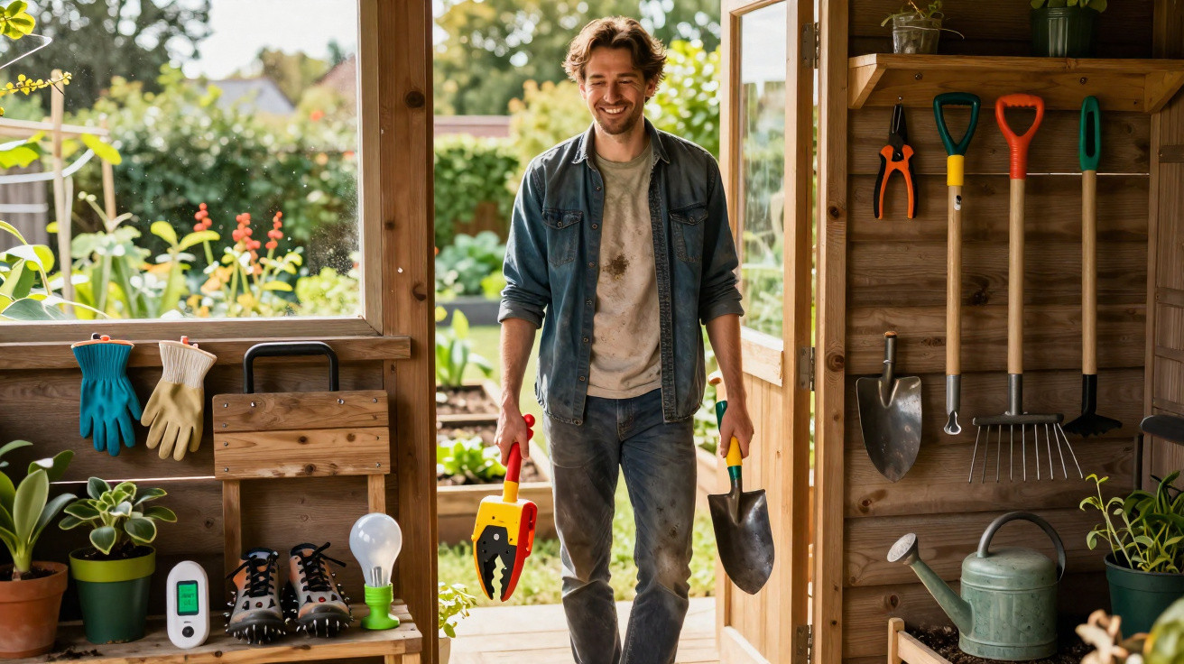 Homem sorridente sai de estufa com ferramentas de jardinagem na mão, rodeado por plantas e utensílios.