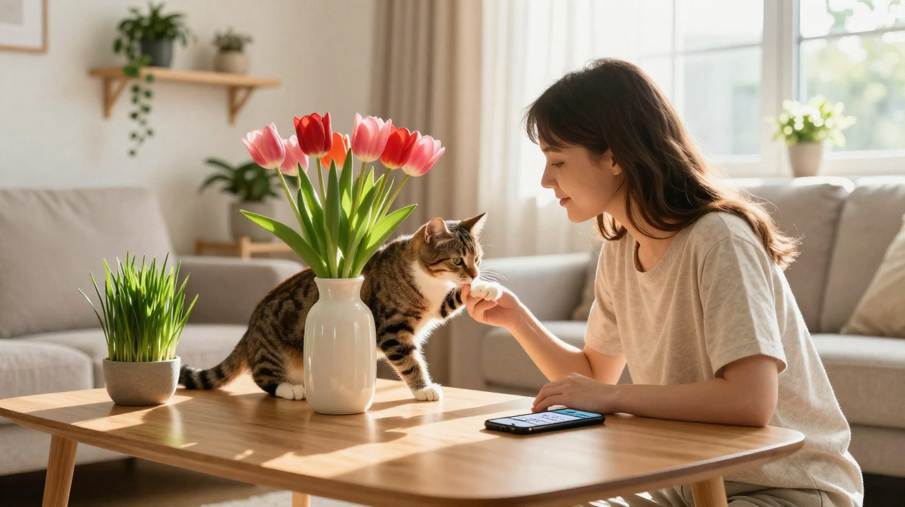 Mulher sentada numa mesa baixa acaricia um gato ao lado de um vaso com tulipas vermelhas e cor-de-rosa.