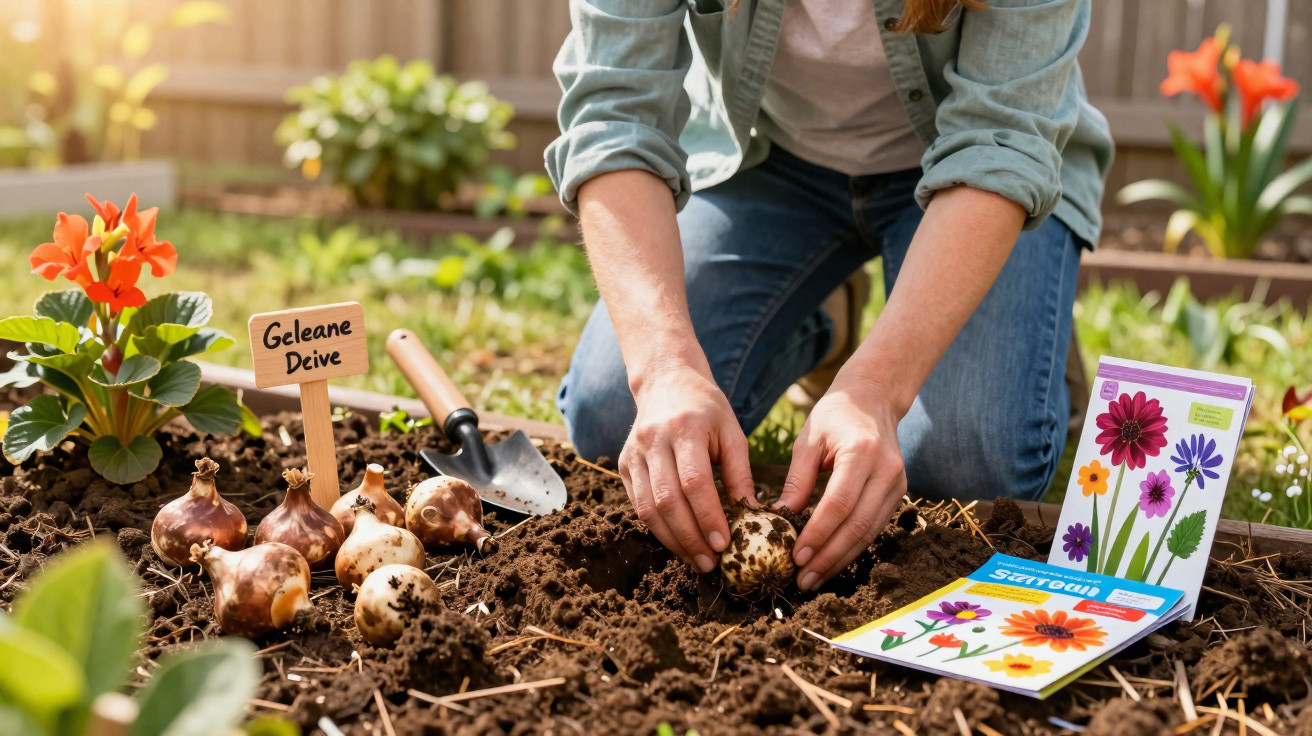 Pessoa a plantar bolbos de flores num jardim com ferramentas e pacotes de sementes ao lado.