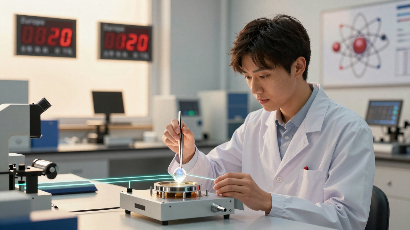 Cientista em laboratório a manusear equipamento de precisão com pinça e aparelho luminoso.