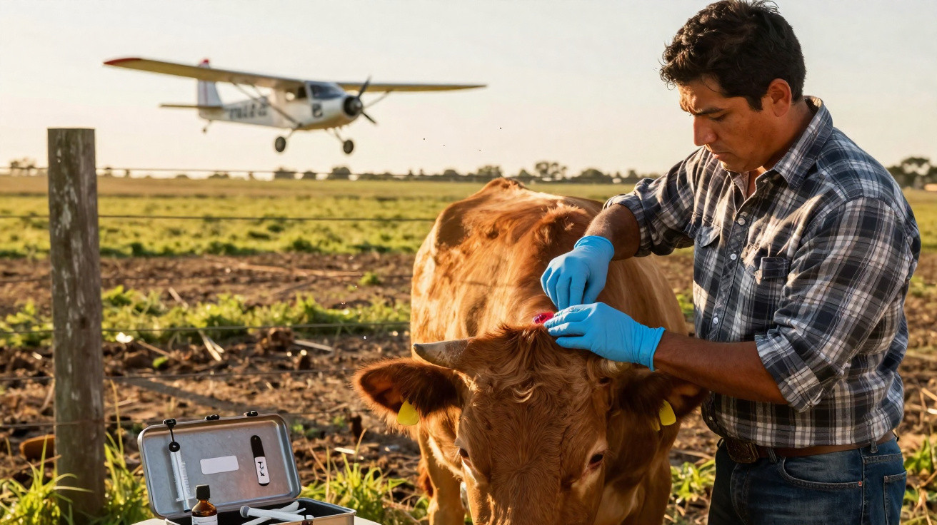 Homem com luvas azuis vacina vaca num campo com avião pequeno a voar no horizonte.