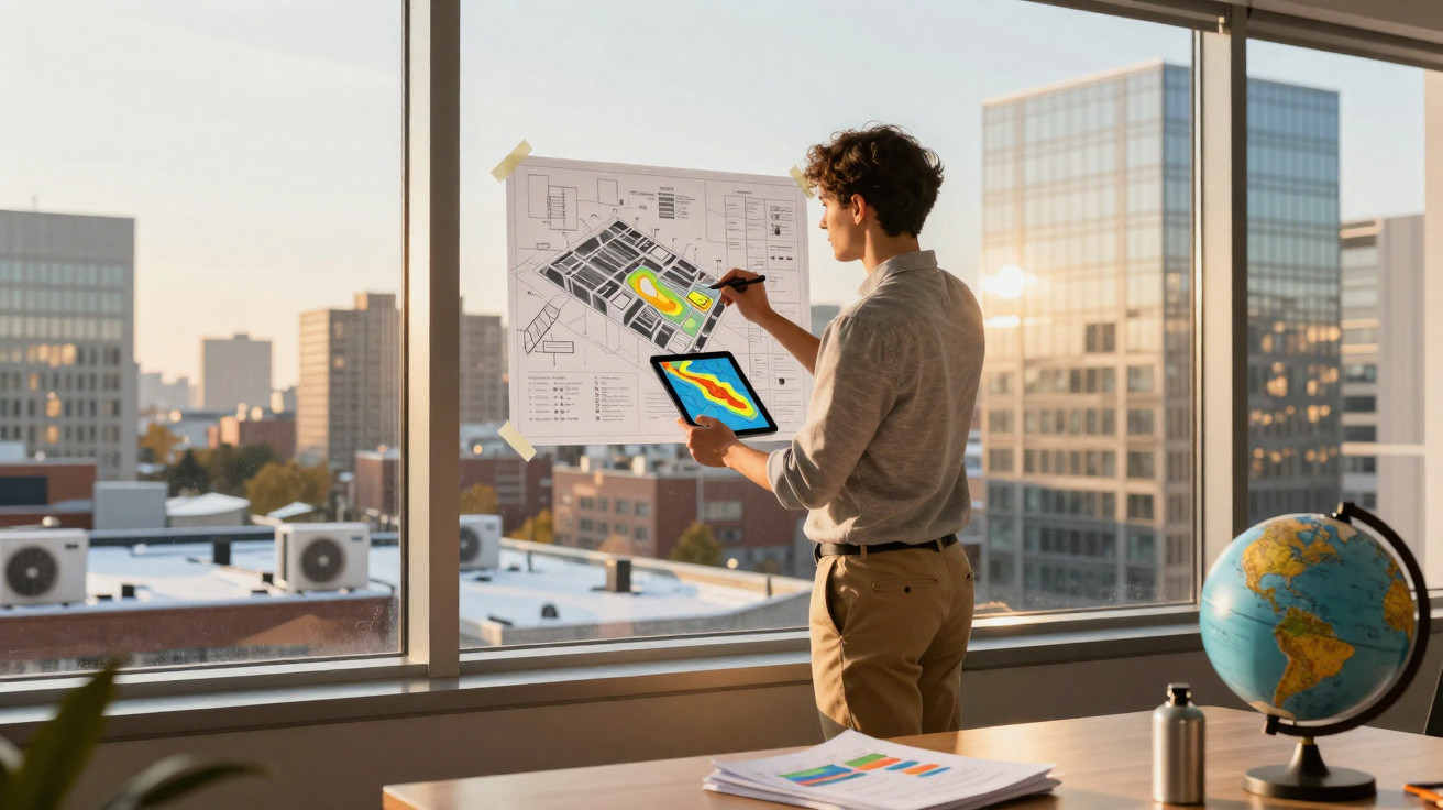 Homem analisa mapas de calor num escritório moderno com vista para edifícios urbanos ao pôr do sol.
